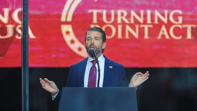 Donald Trump Jr. speaks during the memorial service for political activist Charlie Kirk at State Farm Stadium on Sunday after he was shot dead on September 10. (Joe Raedle/AFP) Donald Trump Jr. speaks during the memorial service for political activist Charlie Kirk at State Farm Stadium on Sunday after he was shot dead on September 10. (Joe Raedle/AFP)
