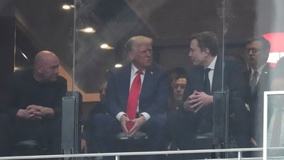 Donald Trump talks to Elon Musk as the two attend Charlie Kirk's funeral along with notable others including Dana White, house speaker Mike Johnson and R-La on Sunday. (Ross D.Franklin/AP) Donald Trump talks to Elon Musk as the two attend Charlie Kirk's funeral along with notable others including Dana White, house speaker Mike Johnson and R-La on Sunday. (Ross D.Franklin/AP)