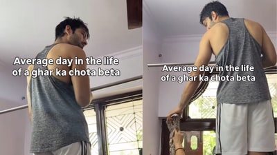 Son can be seen standing on a table putting up the curtains. (@Nishaant Gahlot/Instagram) Son can be seen standing on a table putting up the curtains. (@Nishaant Gahlot/Instagram)