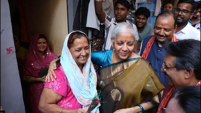 Finance minister Nirmala Sitharaman during her visit to the Laxmi Nagar market on Monday. (HT Photo) Finance minister Nirmala Sitharaman during her visit to the Laxmi Nagar market on Monday. (HT Photo)