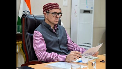 Jammu and Kashmir chief minister Omar Abdullah chairs a meeting in Srinagar on Monday. (PTI)