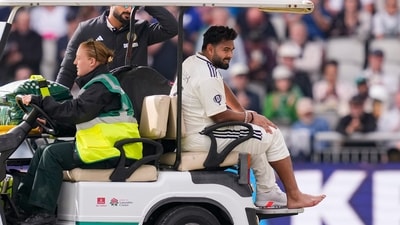 Rishabh Pant being taken off the field after fracturing his foot during play vs England in Manchester. (PTI) Rishabh Pant being taken off the field after fracturing his foot during play vs England in Manchester. (PTI)
