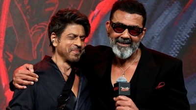 Shah Rukh Khan and Bobby Deol during the preview launch of Aryan Khan's The Ba***ds of Bollywood. (PTI) Shah Rukh Khan and Bobby Deol during the preview launch of Aryan Khan's The Ba***ds of Bollywood. (PTI)