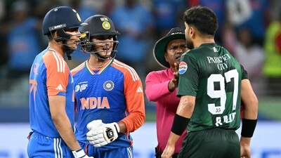 Abhishek whacked a first-ball six off Shaheen Afridi before hearing some chatter, and hurled back some choice expletives of his own. All downhill from there as all Pakistan batters tried to get involved, mainly Haris Rauf, forcing the umpires to separate him from the Indian openers. No backing down in terms of talk from Gill and Abhishek, though, or in their play: it took them only 59 balls for a 105-run partnership to settle the game early. (AFP) Abhishek whacked a first-ball six off Shaheen Afridi before hearing some chatter, and hurled back some choice expletives of his own. All downhill from there as all Pakistan batters tried to get involved, mainly Haris Rauf, forcing the umpires to separate him from the Indian openers. No backing down in terms of talk from Gill and Abhishek, though, or in their play: it took them only 59 balls for a 105-run partnership to settle the game early. (AFP)