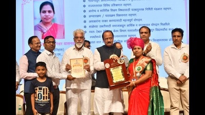 Teachers from across Maharashtra were conferred the prestigious ‘Krantijyoti Savitribai Phule State Teacher Awards’ on Monday. Deputy chief minister Ajit Pawar and school education minister Dadaji Bhuse during the event in Mumbai on Monday. (HT PHOTO) Teachers from across Maharashtra were conferred the prestigious ‘Krantijyoti Savitribai Phule State Teacher Awards’ on Monday. Deputy chief minister Ajit Pawar and school education minister Dadaji Bhuse during the event in Mumbai on Monday. (HT PHOTO)