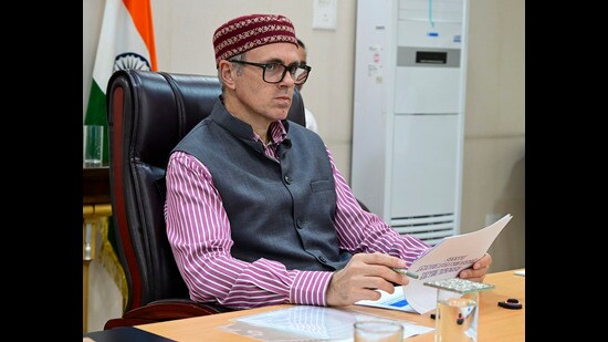 Jammu and Kashmir chief minister Omar Abdullah chairs a meeting in Srinagar on Monday. (PTI)