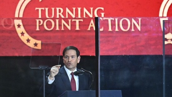 US secretary of state Marco Rubio addresses the crowd at the public memorial service for right-wing activist Charlie Kirk held at Arizona.(Mandel Ngan/AFP)