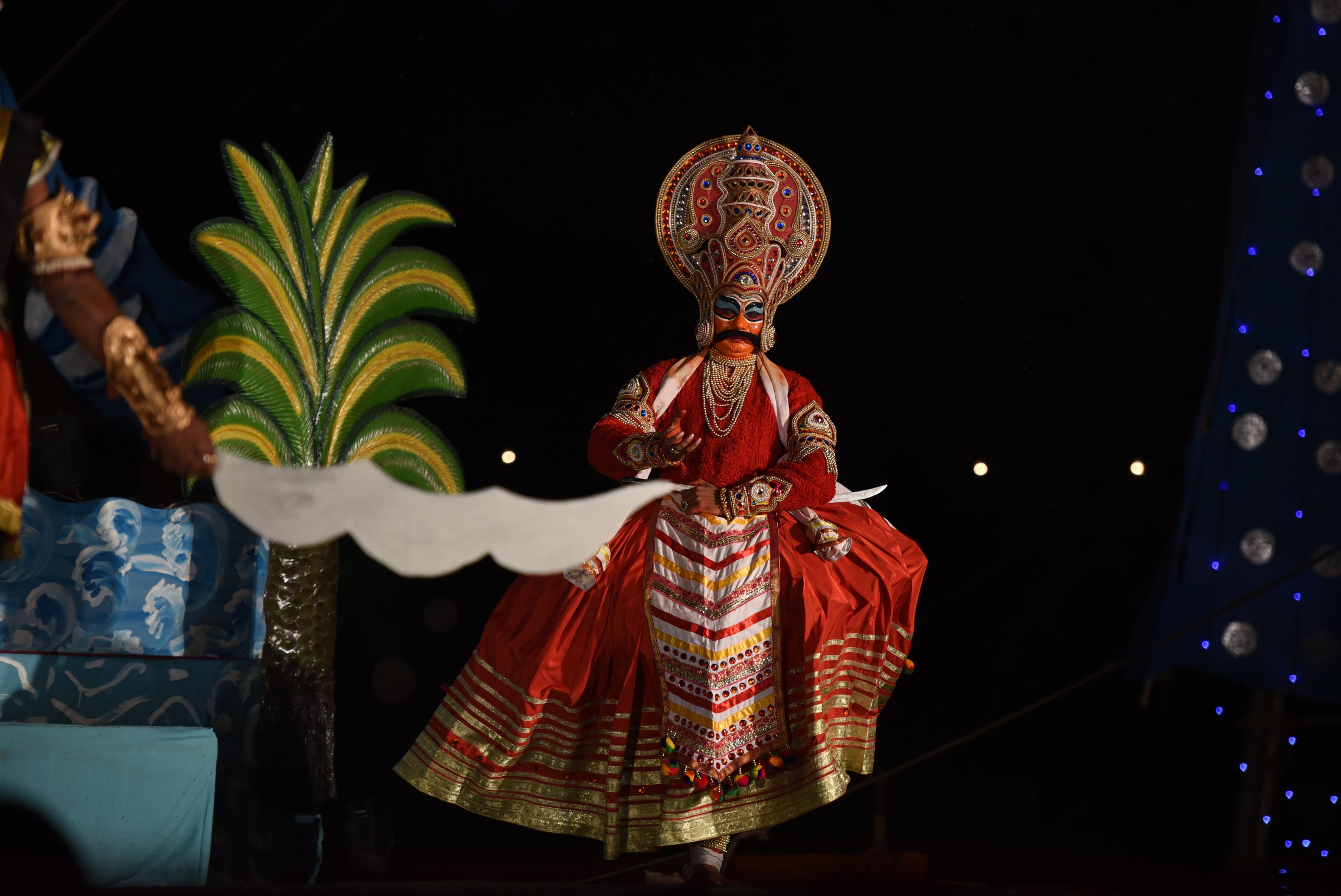 In the Ramlila by Shree Ramlila Committee Indraprastha, the character of Ravana is dressed in the attire of Kathakali dancer. In the Ramlila by Shree Ramlila Committee Indraprastha, the character of Ravana is dressed in the attire of Kathakali dancer.