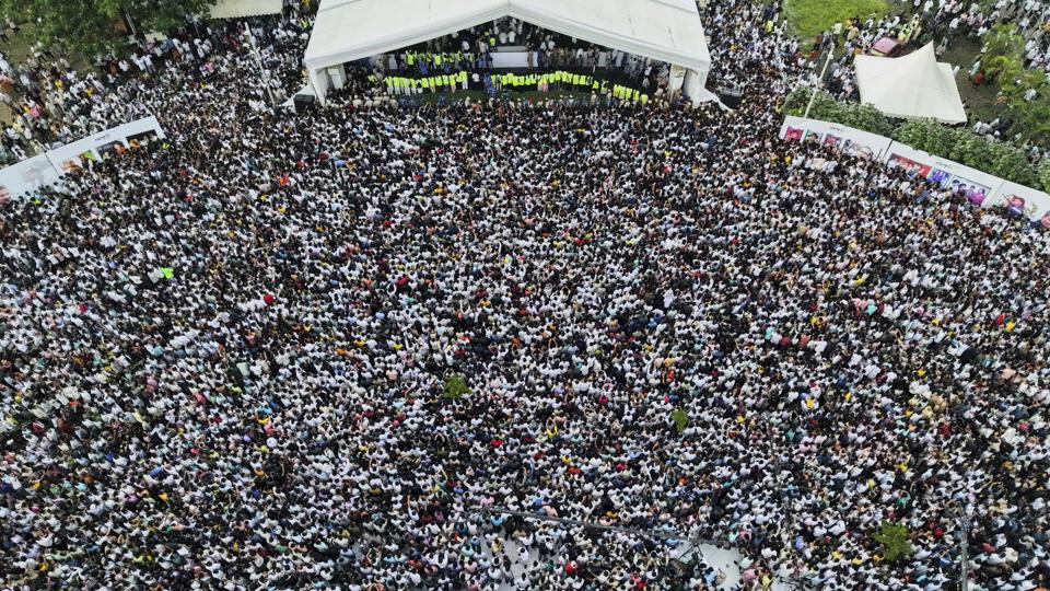 Fans gather to pay homage to the popular Bollywood singer and composer Zubeen Garg in Guwahati, Sunday, Sept. 21, 2025 (AP)