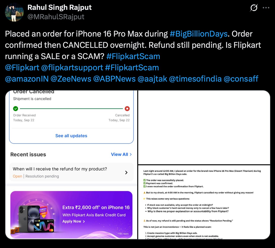 Man claims Flipkart cancelled his iPhone 16 Pro order. (X) Man claims Flipkart cancelled his iPhone 16 Pro order. (X)