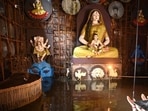 A water logged Durga puja pandal in Kolkata, on Tuesday. (Samir Jana/ Hindustan Times)