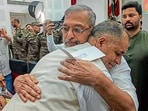 Bollywood actor Nana Patekar hugs a man during an event in Rajouri, Jammu and Kashmir, on Monday. (PTI)