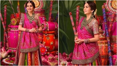 Nita Ambani stuns in vibrant pink dupatta and opulent jewellery for Navratri festivities. (Instagram ) Nita Ambani stuns in vibrant pink dupatta and opulent jewellery for Navratri festivities. (Instagram )