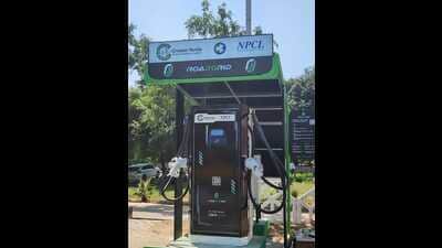 An electric vehicle (EV) charging station at UP International Trade Show. (HT PHOTO) An electric vehicle (EV) charging station at UP International Trade Show. (HT PHOTO)