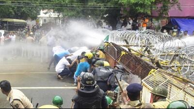 Bhubaneswar: Police use water cannons to disperse BJD workers marching towards the Odisha assembly (PTI) Bhubaneswar: Police use water cannons to disperse BJD workers marching towards the Odisha assembly (PTI)