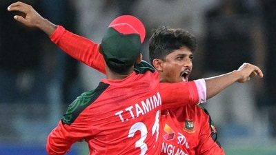 Bangladesh's Mahedi Hasan (R) celebrates with his teammate (AFP) Bangladesh's Mahedi Hasan (R) celebrates with his teammate (AFP)
