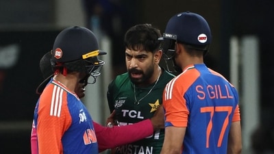 Pakistan's Haris Rauf (C) speaks with India's Abhishek Sharma (L) as Shubman Gill watches (AFP)