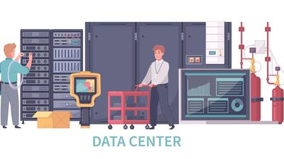 Datacenter cartoon composition with text and view of servers computers cooling system and characters of workers vector illustration