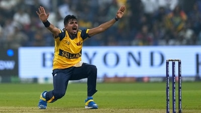 Maheesh Theekshana (2/24) had Sahizada's number in the third ball of the sixth over and two balls later ousted Zaman, who was earlier pinged flush on the helmet by Dushmantha Chameera. (AP) Maheesh Theekshana (2/24) had Sahizada's number in the third ball of the sixth over and two balls later ousted Zaman, who was earlier pinged flush on the helmet by Dushmantha Chameera. (AP)