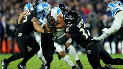Jacob Saylors of the Detroit Lions tackled by Trenton Simpson of Baltimore Ravens during the fourth quarter at M&T Bank Stadium on September 22. (Getty Images via AFP) Jacob Saylors of the Detroit Lions tackled by Trenton Simpson of Baltimore Ravens during the fourth quarter at M&T Bank Stadium on September 22. (Getty Images via AFP)