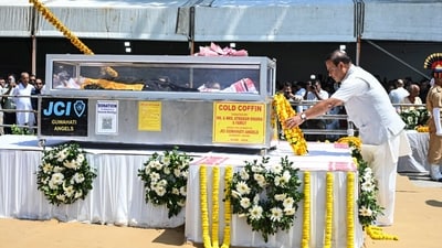 Assam Chief Minister Himanta Biswa Sarma pays his last respects to singer Zubeen Garg during his funeral, on the outskirts of Guwahati. (X/@himantabiswa) Assam Chief Minister Himanta Biswa Sarma pays his last respects to singer Zubeen Garg during his funeral, on the outskirts of Guwahati. (X/@himantabiswa)