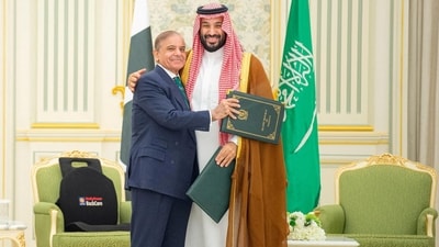 Saudi Crown Prince Mohammed bin Salman and Pakistan Prime Minister Shehbaz Sharif embrace each other on the day they sign a defence agreement, in Riyadh, Saudi Arabia, September 17, 2025. (via REUTERS)