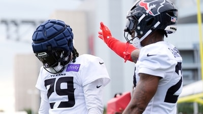 Houston Texans safety C.J. Gardner-Johnson, right, greets safety M.J. Stewart (29) during Back Together Weekend at the team's NFL football training camp Saturday, July 26, 2025, in Houston. (AP Photo/Ashley Landis) (AP) Houston Texans safety C.J. Gardner-Johnson, right, greets safety M.J. Stewart (29) during Back Together Weekend at the team's NFL football training camp Saturday, July 26, 2025, in Houston. (AP Photo/Ashley Landis) (AP)