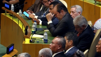 Delegates listen as U.S. President Donald Trump speaks during the 80th session of the UN's General Assembly (UNGA) at the United Nations headquarters on September 23, 2025 in New York City. (Getty Images via AFP) Delegates listen as U.S. President Donald Trump speaks during the 80th session of the UN's General Assembly (UNGA) at the United Nations headquarters on September 23, 2025 in New York City. (Getty Images via AFP)
