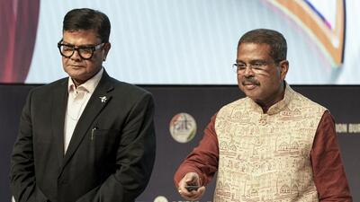 Union education minister Dharmendra Pradhan (right) with secretary of the Department of School Education and Literacy Sanjay Kumar (left) during the launch of 'Viksit Bharat Buildathon', in New Delhi, on Tuesday. (PTI) Union education minister Dharmendra Pradhan (right) with secretary of the Department of School Education and Literacy Sanjay Kumar (left) during the launch of 'Viksit Bharat Buildathon', in New Delhi, on Tuesday. (PTI)