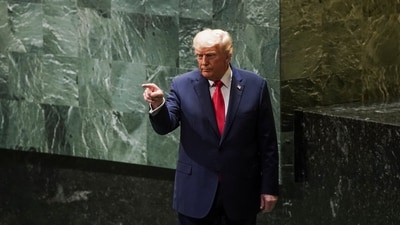 US President Donald Trump gestures after addressing the 80th United Nations General Assembly, in New York City, New York, US, September 23, 2025. (Reuters)