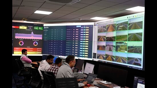 A view inside the existing traffic management centre of the Delhi-Vadodara-Mumbai expressway at Sohna-Gurugram road near Alipur village in Gurugram. (HT Archive)