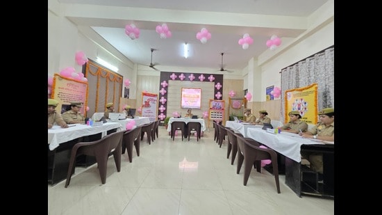 Mission Shakti Centre setup in Lucknow’s Vibhuti Khand police station. (HT)