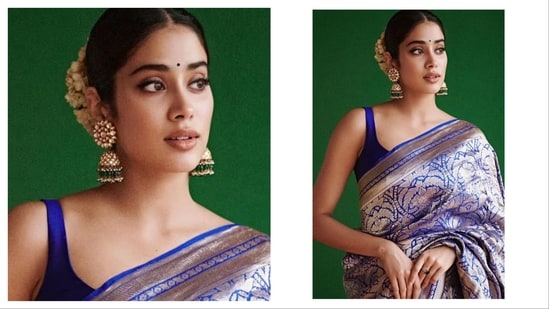 Janhvi Kapoor totally nails the blue saree and it is perfect for the Navratri. The looks is clean,polished and Indian core which is a must try. We love the intricate work on the saree whcih amkes it stand out and jhumkas with a saree is always a win.