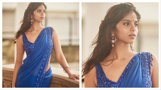 Sarees can instantly glam up any look and Suhana Khan seems to have understood it very well. Her royal blue saree chanels such a diva vibe and is perfect for your night visits this Navratri season.