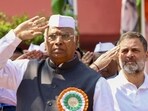 Congress president Mallikarjun Kharge and leader of Opposition in Lok Sabha, Rahul Gandhi, during the party's flag hoisting ceremony before the extended Congress Working Committee (CWC) meeting, in Patna, on Wednesday. (AICC)