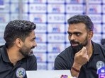 Former India hockey keeper PR Sreejesh (R) serves as SG Pipers’ Director of Hockey in the Hockey India League. (HIL)