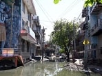 Waterlogged street in Rajendra Park Block-3 near Sector 105 in Gurugram. (Parveen Kumar/HT) Waterlogged street in Rajendra Park Block-3 near Sector 105 in Gurugram. (Parveen Kumar/HT)