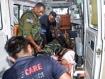 An injured security personnel being taken to the Regional Institute of Medical Sciences hospital after a terrorist attack on an Assam Rifles vehicle in Nambol Sabal area of Bishnupur, in Imphal on Friday. Reportedly, two Assam Rifles personnel, including one JCO and one jawan, killed in the ambush. 