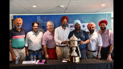 (From left) Chandigarh Golf Club captain Mohanbir Singh, tournament director Brandon De Souza, Cee Dee Group executive director Manpreet Rai, club president Ravibir Singh and tournament chairman GS Jawandha pose with the Chandigarh Golf League trophy. (HT Photo) (From left) Chandigarh Golf Club captain Mohanbir Singh, tournament director Brandon De Souza, Cee Dee Group executive director Manpreet Rai, club president Ravibir Singh and tournament chairman GS Jawandha pose with the Chandigarh Golf League trophy. (HT Photo)