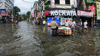A view of a waterlogged street after heavy rainfall, in Kolkata on Tuesday (ANI) A view of a waterlogged street after heavy rainfall, in Kolkata on Tuesday (ANI)