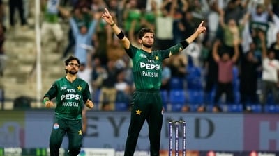 Pakistan's Shaheen Shah Afridi celebrates the dismissal of Sri Lanka's Pathum Nissanka during the Asia Cup Cricket match between Pakistan and Sri Lanka (AP) Pakistan's Shaheen Shah Afridi celebrates the dismissal of Sri Lanka's Pathum Nissanka during the Asia Cup Cricket match between Pakistan and Sri Lanka (AP)