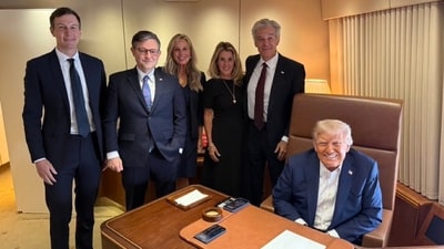 Mike Johnson posted a photo on X of himself alongside Donald Trump aboard Air Force One. (X/ Mike Johnson) Mike Johnson posted a photo on X of himself alongside Donald Trump aboard Air Force One. (X/ Mike Johnson)