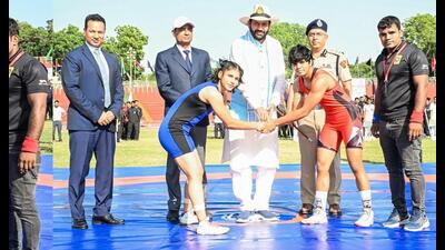 Haryana chief minister Nayab Singh Saini during the 74th All-India Police Wrestling Competition at the Madhuban Police Academy in Karnal on Wednesday. (Sourced: X) Haryana chief minister Nayab Singh Saini during the 74th All-India Police Wrestling Competition at the Madhuban Police Academy in Karnal on Wednesday. (Sourced: X)