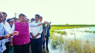Latur, Sep 24 (ANI): Maharashtra Chief Minister Devendra Fadnavis visits the areas affected by heavy rain at Aurad Shahajani, at Nilanga Taluka in Latur on Wednesday. (@CMOMaharashtra X/ANI Photo) (CMO Maharashtra - X) Latur, Sep 24 (ANI): Maharashtra Chief Minister Devendra Fadnavis visits the areas affected by heavy rain at Aurad Shahajani, at Nilanga Taluka in Latur on Wednesday. (@CMOMaharashtra X/ANI Photo) (CMO Maharashtra - X)