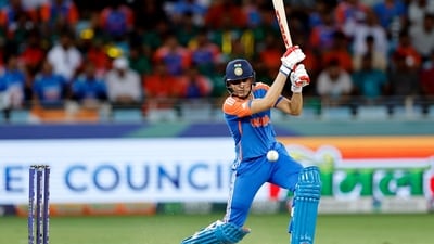 Once Shubman Gill (29 off 19 balls) was holed out off Rishad, Abhishek duly completed his second successive half-century in the tournament off 25 balls. (Creimas/Asian Cricket Council) Once Shubman Gill (29 off 19 balls) was holed out off Rishad, Abhishek duly completed his second successive half-century in the tournament off 25 balls. (Creimas/Asian Cricket Council)