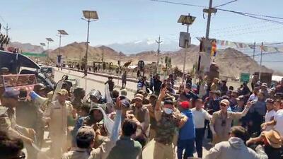 Police controlling the violence during a protest over the statehood demand and the inclusion of Ladakh under the Sixth Schedule, in Leh on Wednesday. (ANI video grab) Police controlling the violence during a protest over the statehood demand and the inclusion of Ladakh under the Sixth Schedule, in Leh on Wednesday. (ANI video grab)