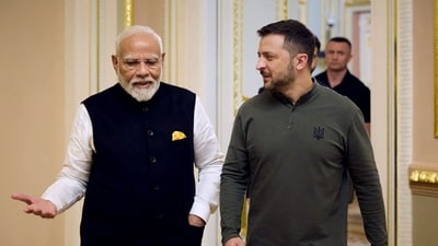 Ukraine's President Volodymyr Zelensky speaking Prime Minister Narendra Modi at the Mariinskyi Palace ahead of their meeting, in Kyiv. (AFP/File) Ukraine's President Volodymyr Zelensky speaking Prime Minister Narendra Modi at the Mariinskyi Palace ahead of their meeting, in Kyiv. (AFP/File)