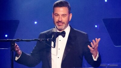 Jimmy Kimmel speaks during the Pre-GRAMMY gala, hosted by the Recording Academy and Clive Davis, in Beverly Hills, California. (REUTERS)