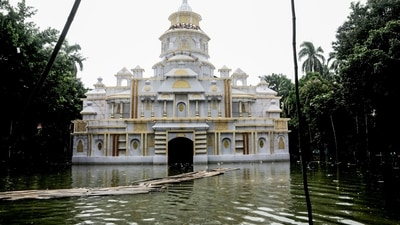 A Durga Puja pandal gets inundated after heavy rainfall in Kolkata, raising concerns for organisers. (Saikat Paul/ANI) A Durga Puja pandal gets inundated after heavy rainfall in Kolkata, raising concerns for organisers. (Saikat Paul/ANI)