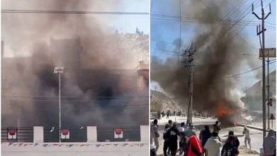 The youth protesters in Leh, Ladakh, set fire to the BJP office and a CRPF vehicle amid the protests. (ANI/PTI) The youth protesters in Leh, Ladakh, set fire to the BJP office and a CRPF vehicle amid the protests. (ANI/PTI)